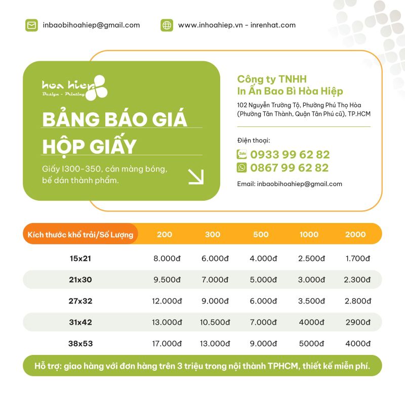 Bảng giá in hộp giấy I300 I350 cán màng bế dán tại In Hòa Hiệp